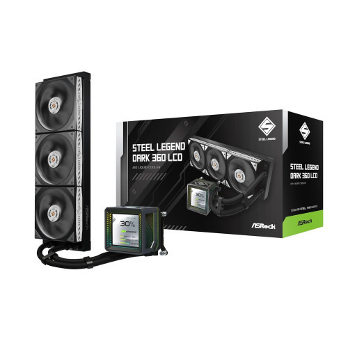 SISTEMA DE REFRIGERACION ASROCK PARA CPU STEEL LEGEND DARK 360 LCD,1851/1700/AM5/AM4,3X120MM,ARGB,IPS LCD,NEGRO